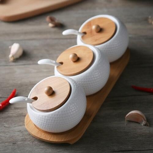 Ceramic seasoning pot kitchen supplies box household combination kitchen supplies bottle oil salt pot, 3 sets with bamboo base