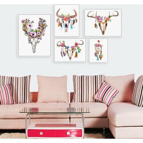 Creative Personality Animal Headdress Canvas Painting Elk Skull Flower Poster Modern Wall Art Home Bed Room Decorative Pictures