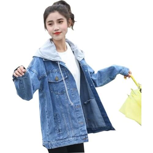 2021 Spring Autumn Womens Jeans Jacket Hooded Women Casual Student Top Streetwear Jeans Jacket Loose Single-Breasted Overcoat