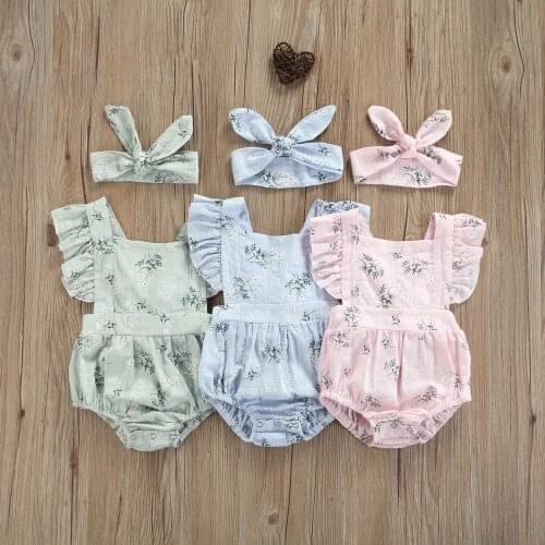 Infant Baby Girls Summer 2Pcs Lace Romper + Bow Turban Flower Print Elastic Princess Clothing Toddler Backless Ruffles Jumpsuits