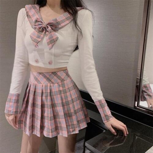 Sailor Suit Tempting Tight College Style Blouse Uniform Pleated Top Skirt for Women