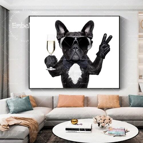 1 Pieces A bulldog Drinking With Sunglasses Wall Posters For Home Decor HD Print Canvas Oil Paintings Living Room Pictures