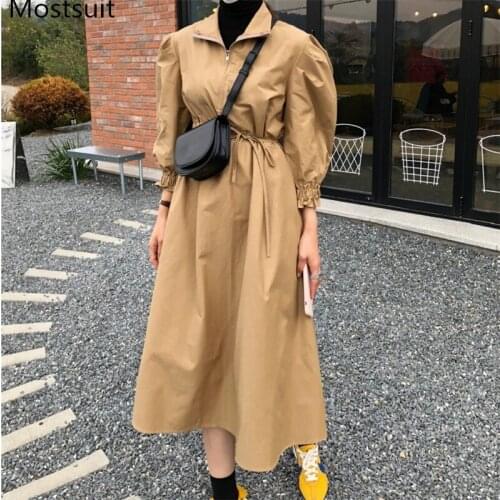 Stylish Korean Women Cloak Dress Spring Full Sleeve Turn-down Collar Elastic Waist Long Dresses Casual Fashion Female Vestidos