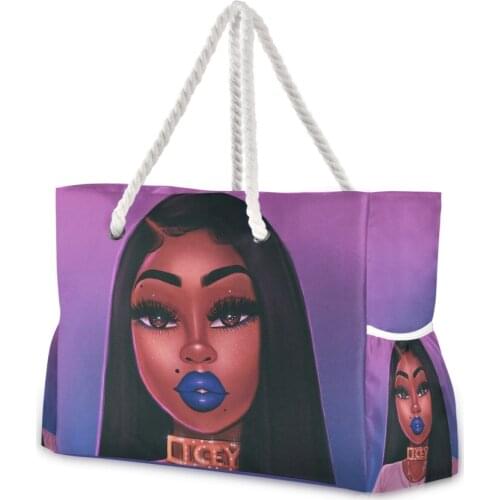 Afro Girls Black Women Printed Beach Bag Shopping Bag Fashion Large Capacity Shoulder Bag Travel Handbag Can Custom Pattern