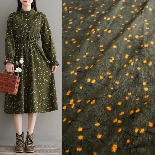 Half meter forest green little flower print cotton corduroy fabric for Autumn Winter dress shirt trouser overcoat T860
