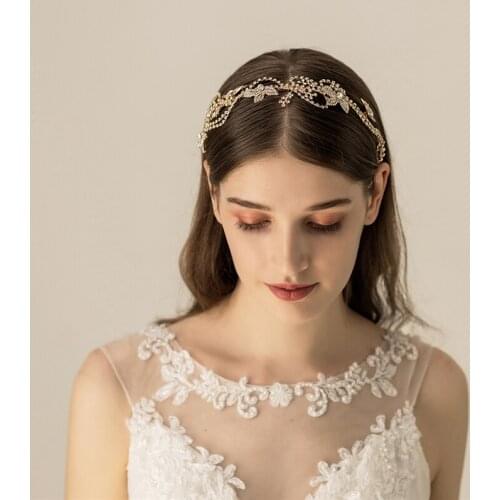 Gold Rhinestone Bridal Tiara Headband Leaf Wedding Crown Hair Jewelry Handmade Women Accessories Hair Piece