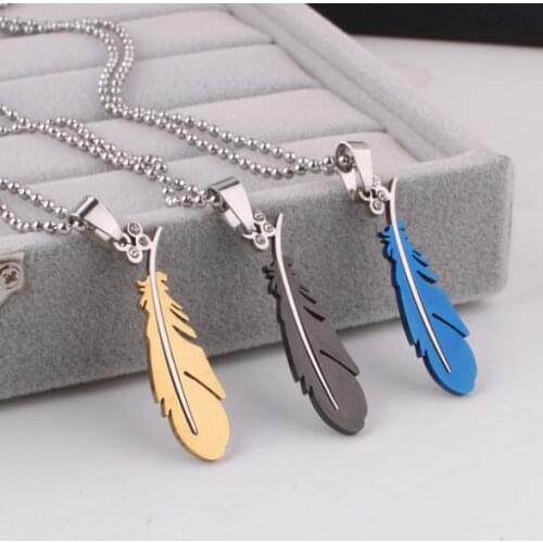 Blue gold black feather pendant necklaces bead chain men 316L Stainless Steel necklace wholesale