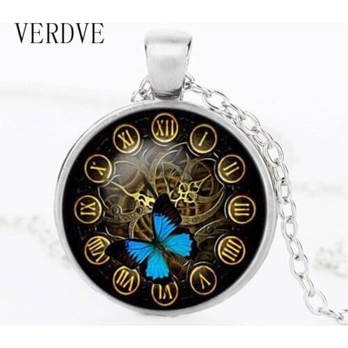 VERDVE Blue Butterfly Pendant Steampunk Clock Pendant Necklaces Gifts for women men Steampunk Jewelry Pendant Art Gifts