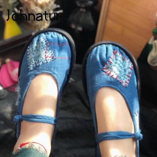 Johnature Embroidery Women Shoes Cotton Fabric 2021 New Mixed Colors Buckle Strap Concise Round Toe Handmade Flats Ladies Shoes