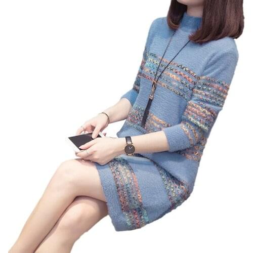 Fall Winter Imitation Mink Velvet Sweater Women Pullover New Striped Mid Long Half Turtleneck Sweater Knitted Jumper Female Tops