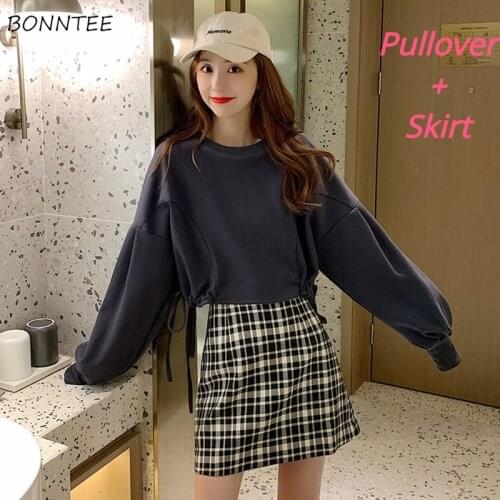 Two Pieces Sets Women Pullover Crop Lace-up and Mini Plaid Skirts Korean Style Vigorous Chic Trendy Popular Spring Autumn Female