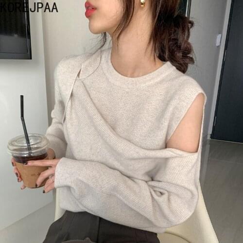 Korejpaa Hollow Women Pullover Korea Autumn Fashion O-neck Off Shoulder Patchwork Fake Two Piece Long Sleeve Knitted Sweater Top