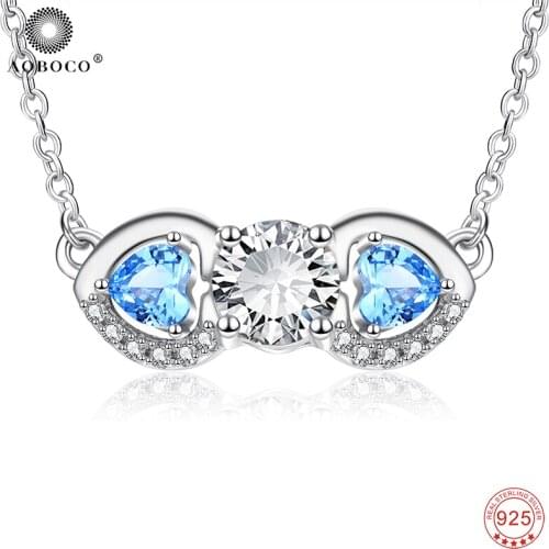 Real 925 Sterling Silver Necklace Blue AAA Zircon Crystal Pendants Necklace Women Trendy Jewelry Silver Chain Gift Free Shipping