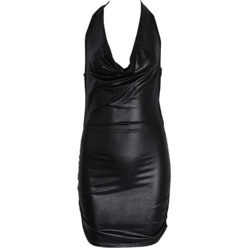 Women Sexy Black And Red Wet Look Backless Bandage Faux Leather Bodycon Dress N7MF