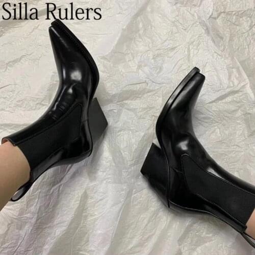 Runway Winter Pointed Toe Wedges Heels Ankle Boots Women Black Genuine Leather Chelsea Boots Woman Slip On Knight Boots Woman