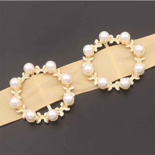 35mm Gold Metal Pearl Buckles For Wedding Invitation Card Decoration Ribbon Slider Gift Box Accessory DIY Hair Manualidades 5pcs