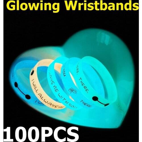 100pcs Glowing Custom Bracelets Silicone Glow-in-the-Dark Wristbands Luminous Bangles Rubber Bands for Kids Students Adults