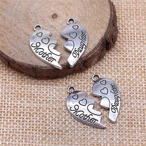 23pcs 24x21mm antique silver mother and daughter peach heart puzzle charms diy retro jewelry fit Earring keychain pendant