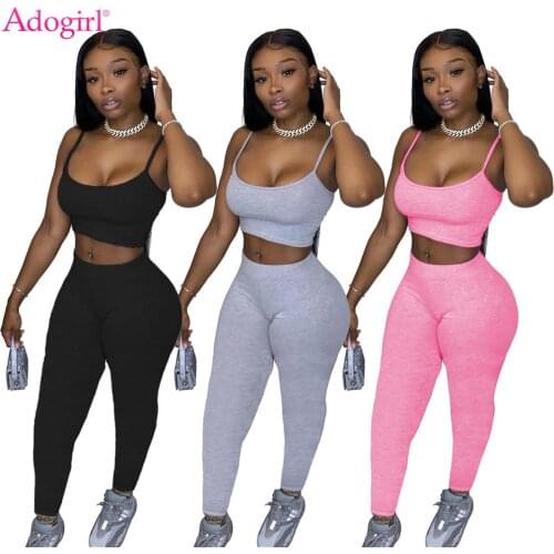 Adogirl Women Solid Spaghetti Straps Two Piece Set Casual Camis Sleeveless Crop Top Skinny Pants Sporting Suit Tracksuit Outfits