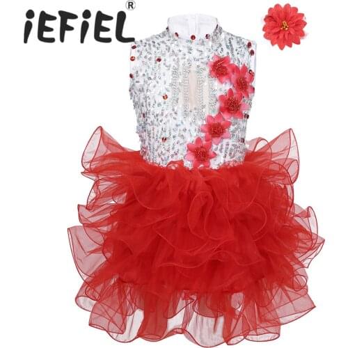 Flower Girls Ballet Tutu Ballerina Dance Class Costumes Gymnastics Leotard Dancewear with Hair Clip Set for Modern Dance Perform