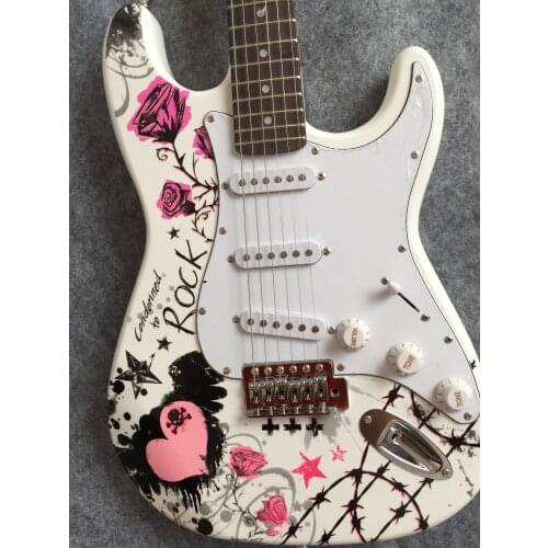 Free delivery / white exquisite water transfer pattern single shake vibrato st Guitar / China Electric Guitar