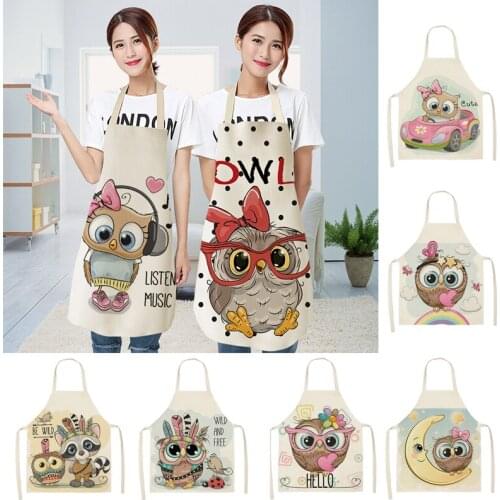 Owl Printed Aprons Sleeveless Cotton Linen Apron Kitchen Brief Pinafore Women Home Cooking Baking Waist Bibs Cleaning Tools