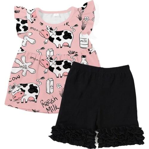 Kaiya Angel 2017 Boutique Kids Clothing Milk Silk Soft Comfortable Summer Set Tops T Shirts Shorts Ruffles Baby Children Clothes