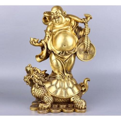Chinese Copper Wealth YuanBao Coin Maitreya luohan Monk Buddha stand on dragon tortoise Statue