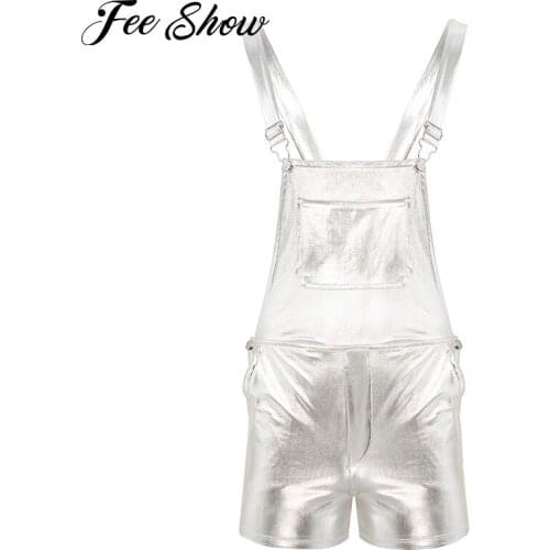 Mens Adult Shiny Metallic Bib Overall Suspender Shorts Adjustable Wide Shoulder Straps Shorts Festival Fancy Club Costumes