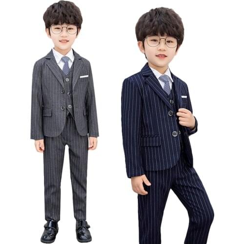 5Pcs Boys Navy Blue Blazer Jacket+ Pants+Vest+Shirt+Tie Suits Set Children Pinstripe Formal Dress wear with Tie