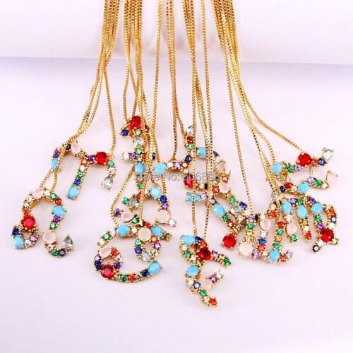 6PCS ZYZ-N0579 Gold Color Zodiac Pendant Rainbow CZ Stones Jewelry 12 Signs Zodiac Metal Pendant Necklace