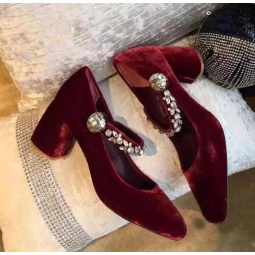 New fashion Mary Janes Vintage Velvet high heel shoes Square Toe crystal embellished woman thick heels shoes ankle strap pumps