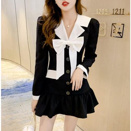 New Autumn Bow Mini Dress Women French Small Fragrance Lapel Slim Waist Korean Single-breasted Suits Dress Robe Femme Vestidos