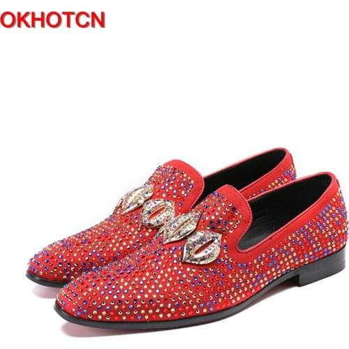 OKHOTCN Red Black Men Leather Casual Shoes Colorful Crystal Cozy Loafers Bling Rhinestore New Spring Mens Dress Party Flat Shoes