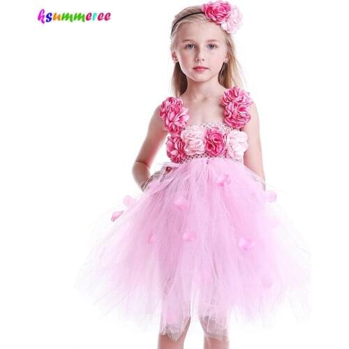 Princess Girls Pink Flower Tutu Dress 2018 Summer New Clothing Children Wedding Ball Gown Kids Birthday Gifts Carnival Dress