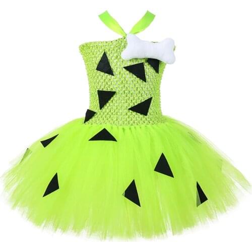 Green Flinstones Pebbles Tutu Dress for Girls Kids Halloween Costume Carvegirl Pebbles Bone Dresses Outfit for Birthday Party