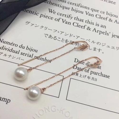 Sinya Au750 18k gold diamond dangle drop earring Natural Round high luster pearls long chain tassel design earring for women