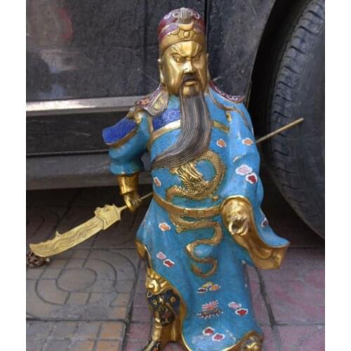 Cloisonne Purple Bronze 24K Gold Gilt Guangong Guan Gong Yu Warrior God Statue
