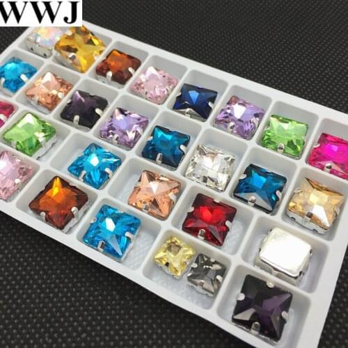 WWJ Glass stone 8mm,10mm,12mm,14mm Square shape Stone In 4hole metal claw Popular shoes and apparel accessories sold