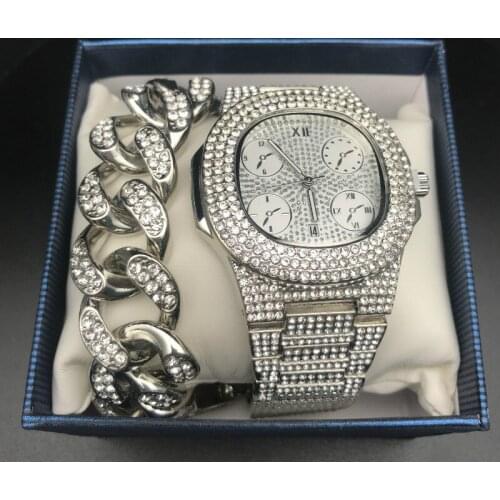 Hip Hop Jewelry Stylish Necklace Luxury Men Watch & Braclete Combo Set Ice Out Cuban Crystal Miami Rock Necklace Chain For Men