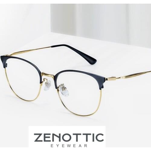 ZENOTTIC Cat Eye Design Titanium Glasses Frame Women Round Myopia Optical Spectacles Men Half Frame Prescription Eyeglasses