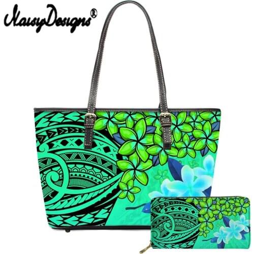NOISYDESIGNS Womens Bag Polynesian Plumeria Flower Pattern Fashion Women Pu Leather Tote Top-handle Bag And Wallets 2pcs Bolsas