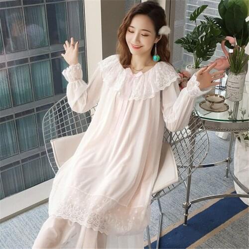 Skirt bathrobe thin section cotton long-sleeved nightdress summer female lace palace style retro pink white пижама