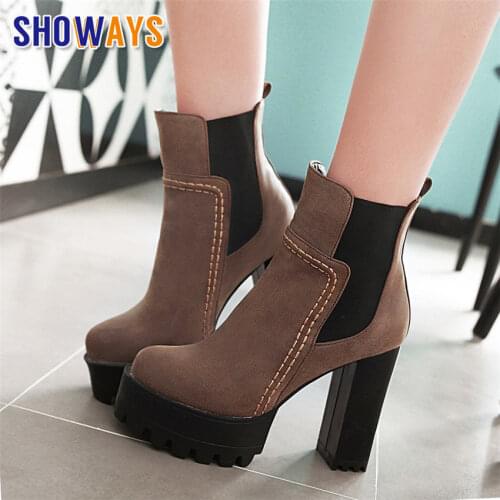 Plus Size Winter Women Chelsea Platform Boots Round Toe 12cm High Chunky Heel Brown Vintage Casual Office Lady Plush Ankle Boots