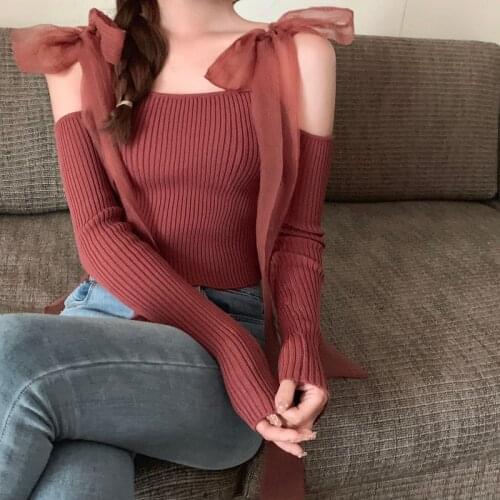 Bandage Bow Woman Sweaters Solid Slim Sexy Spring 2021 Autumn Pull Femme Off Shoulder Retro Pullover Korean Tops