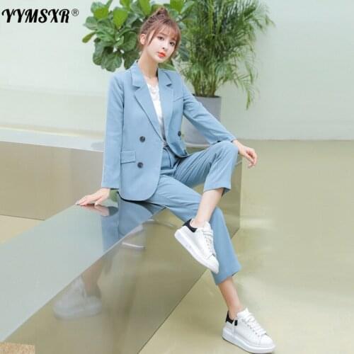 2021 New Autumn Womens Office Pants Suit 2-piece Suit Slim Double-breasted Ladies Jacket High-waist 9-point Pants