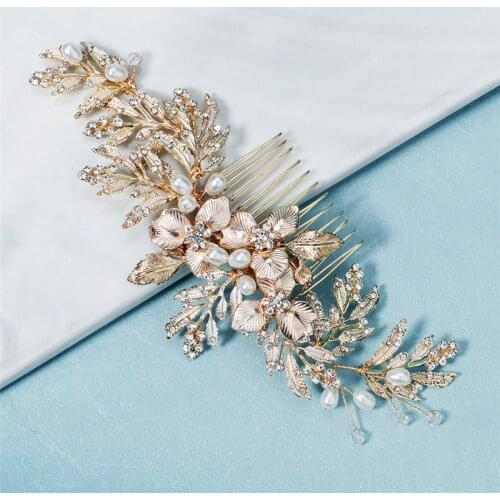 Handmade Gold Floral Wedding Comb Hair Piece Leaf Pearls Bridal Accessories Vintage Women Headpiece