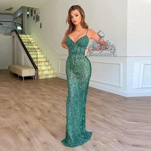 Spaghetti Strap Sexy See Thru Mermaid Evening Dress Luxury Full Beading Sequins Evening Gowns Floor Length Formal Party Dresses