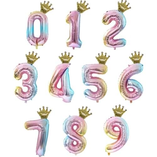 2pcs 32inch Rainbow Gradient Number Foil Balloons Gold Mini Crown Balls Baby Shower Birthday Party Decorations Globos Supplies