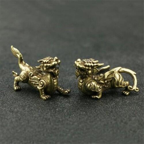 2PCS Copper Figurines Ancient Chinese Mythical Creatures Animals Pi Xiu Home Decor Feng Shui Brass Decorations Crafts Ornaments
